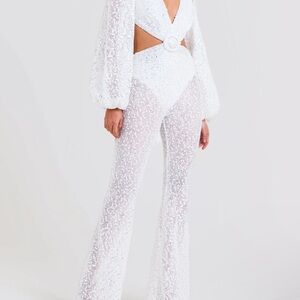 NADINE MERABI White Sequin Cutout Jumpsuit